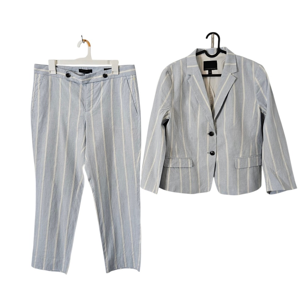Banana Republic 2PC Striped Blazer & Pants Suit Blue/White Size 12 Cotton/Linen